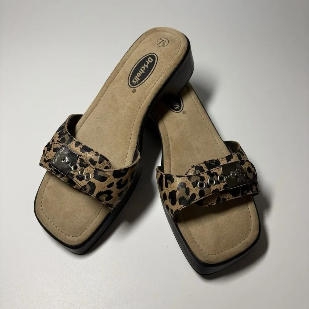 Vintage 70s Dr Scholls Original Sandals Block Heel 7.5 Cheetah Print
